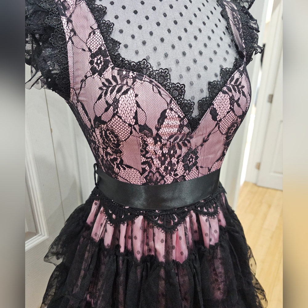 Dolls Kill Unholy Goth Rehearsal Party Pink Black Tiered Lace Mini Dress XS - Picture 4 of 9
